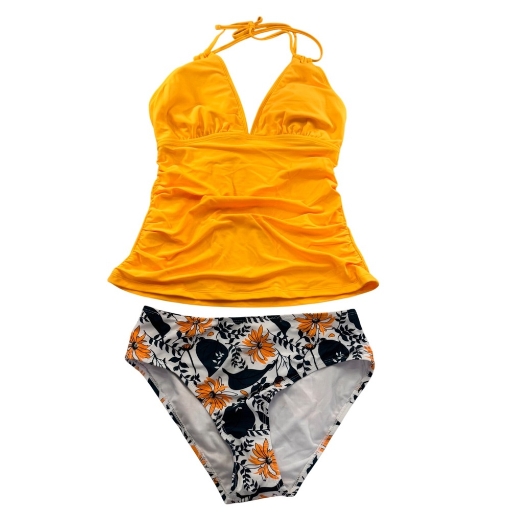 NWT Yonique Yellow Ruched Halter Tankini High Waist Floral Bikini Swimsuit Sz M